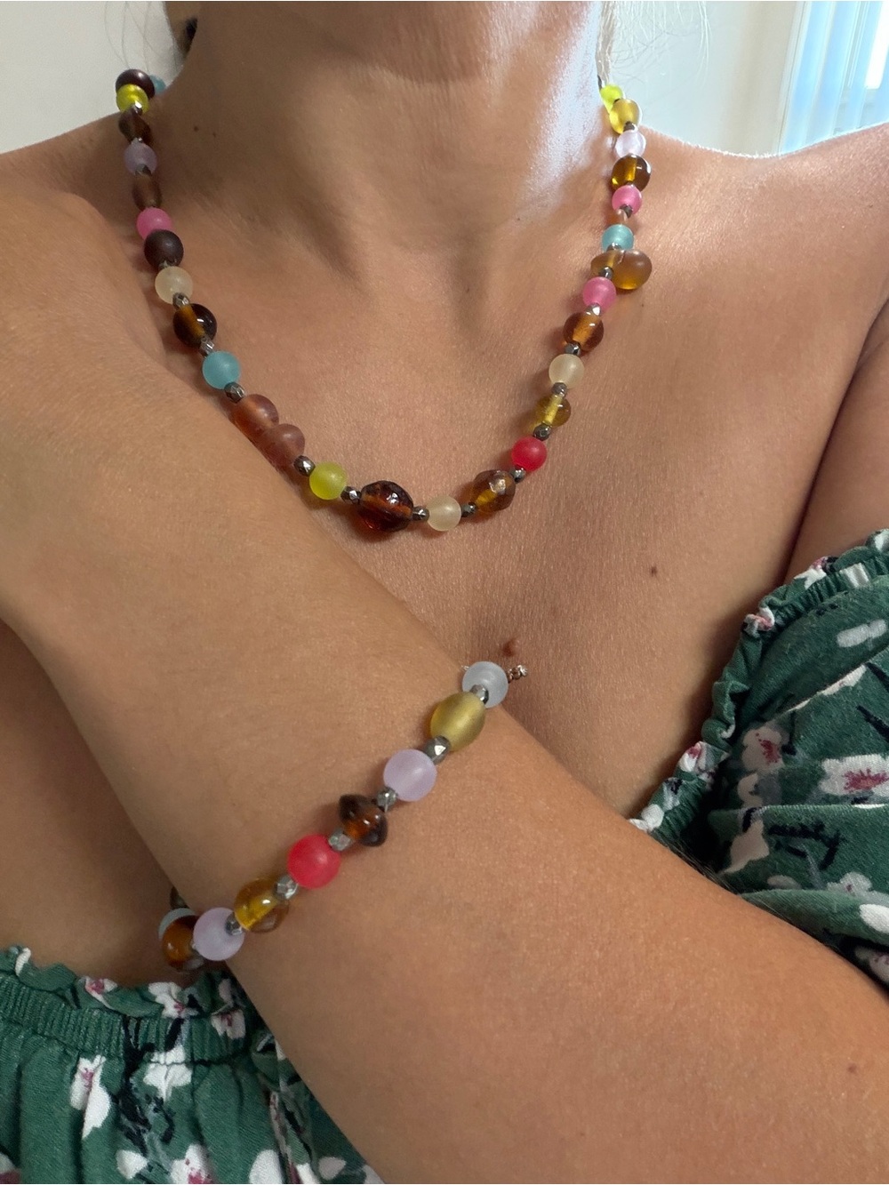 Vintage Anthropologie Style Colorful Beaded Necklace & Bracelet Set Boho Y2K